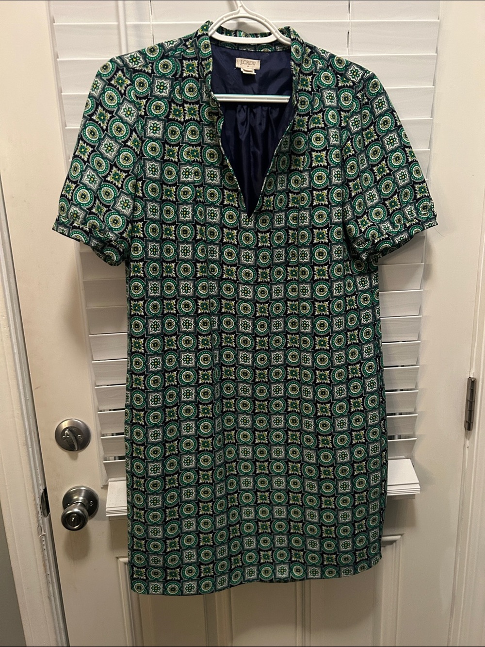 J. Crew Green Geometric Short-Sleeve Lined Shift Dress